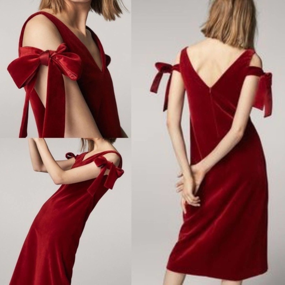Mossimo Dutti Limited Edition Red Velvet Tie Sleeve Midi Dress NWT Women’s Sz 6